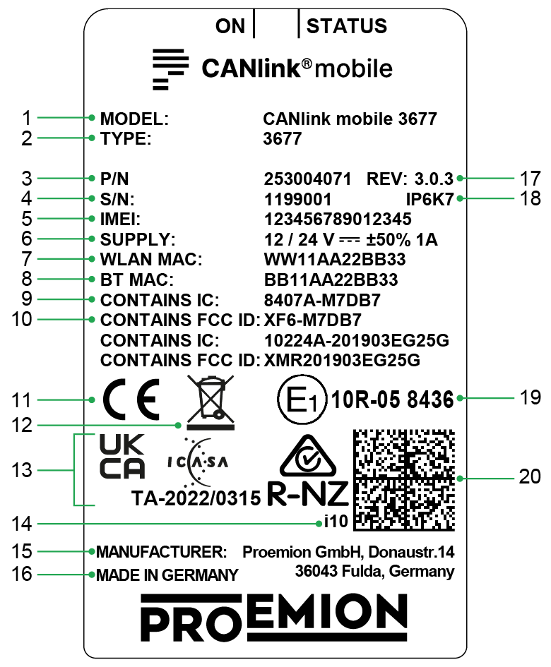 CANlink mobile 3677 type label