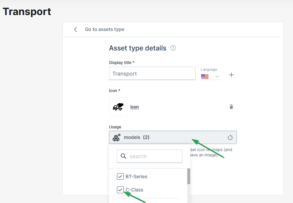 Assign asset type menu
