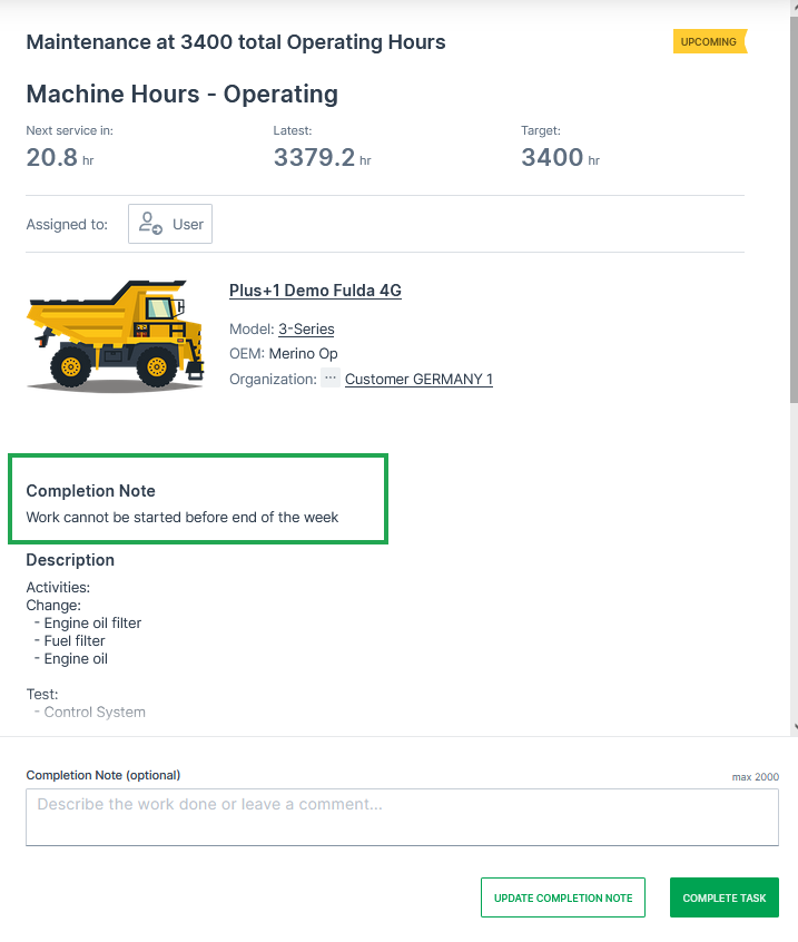 Maintenance Task Completion Note section
