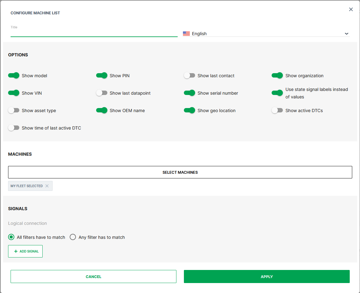 Machine List Widget Configuration