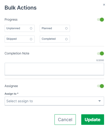 Maintenance Bulk Actions Dialog