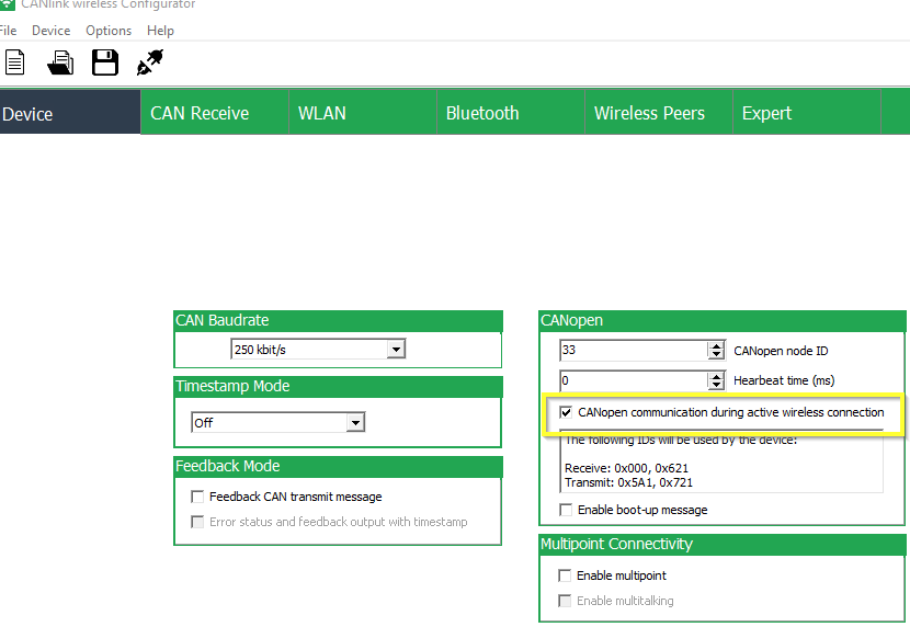 CANlink wireless Configurator CANopen Stack