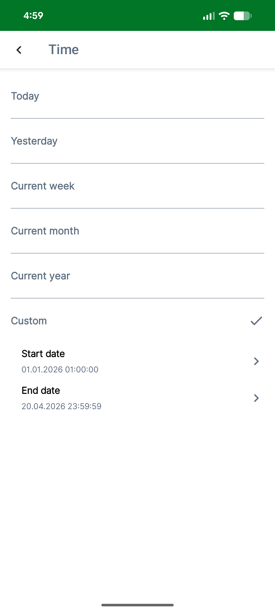 Time filter options