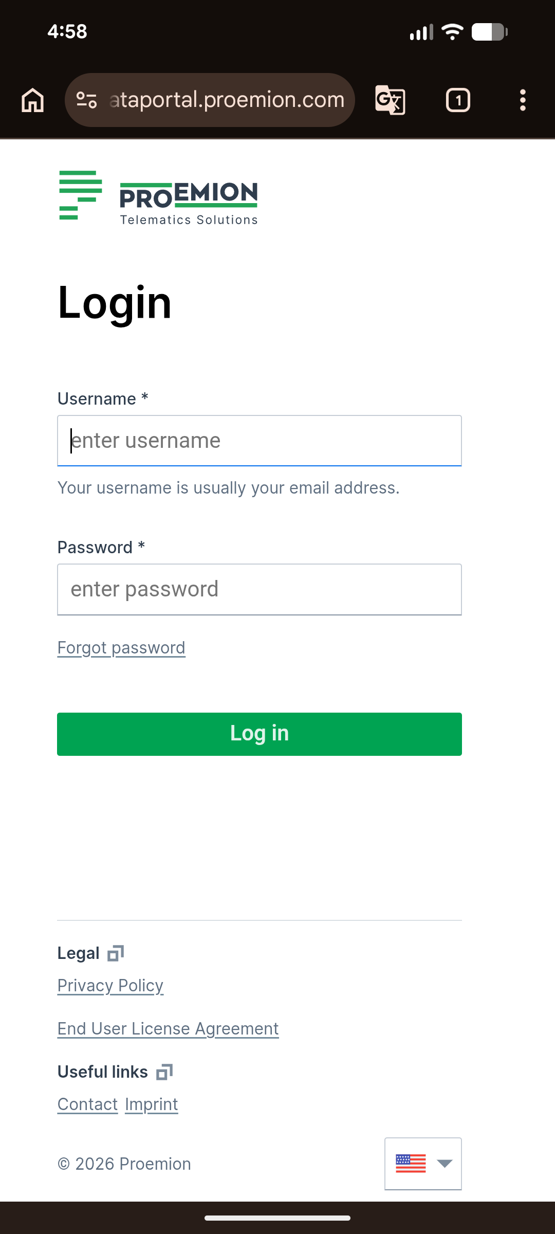 Login form with fields for username and password