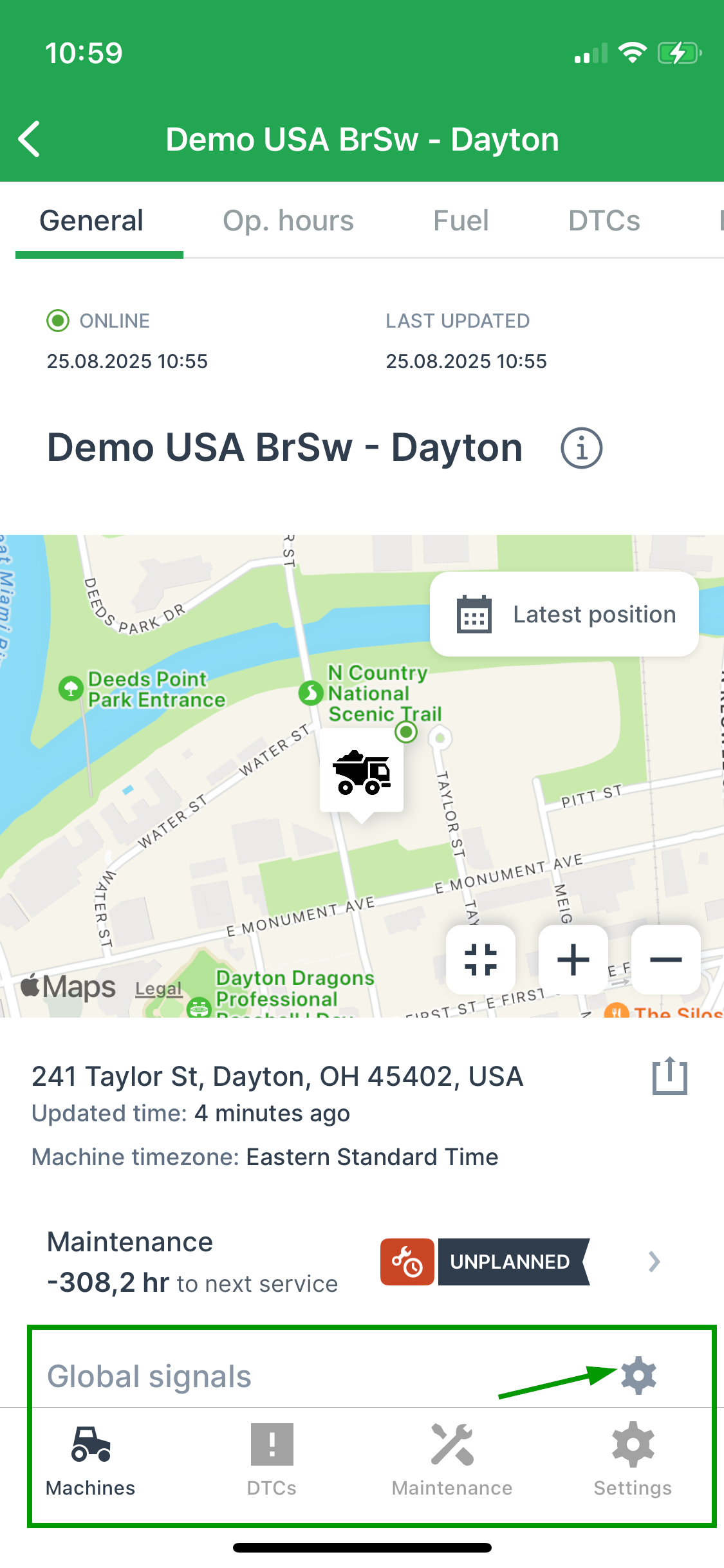 Signals in Machine Details screen