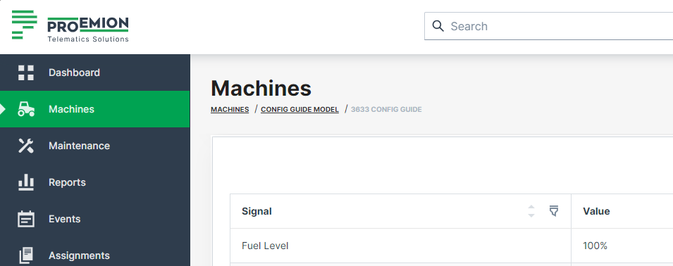 DataPortal Machine page Signal List