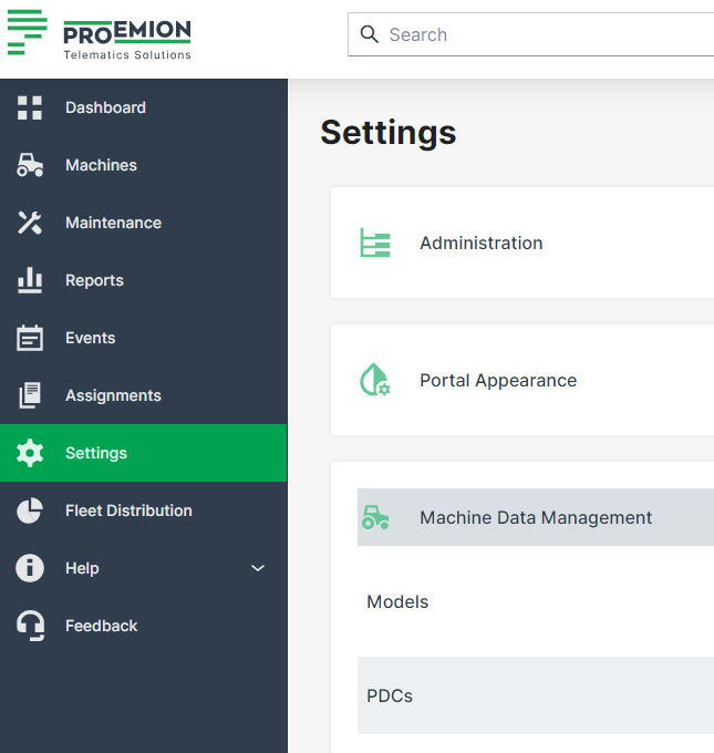 DataPortal Main Menu Settings Machine Data Management