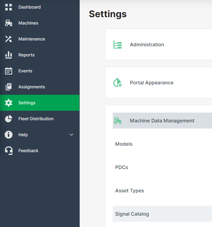 DataPortal Main Menu Settings Machine Data Management Signal Catalog