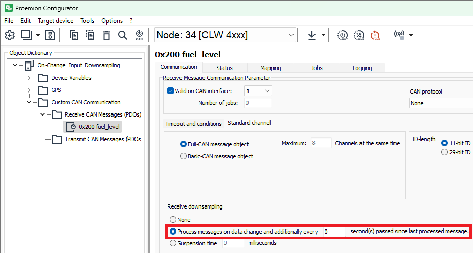 Configurator rx message Standard Channel on-change downsampling