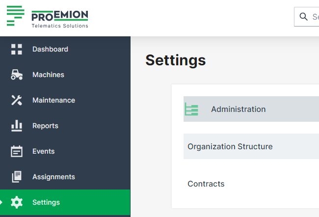 DataPortal Main Menu Settings Administration Organization Structure