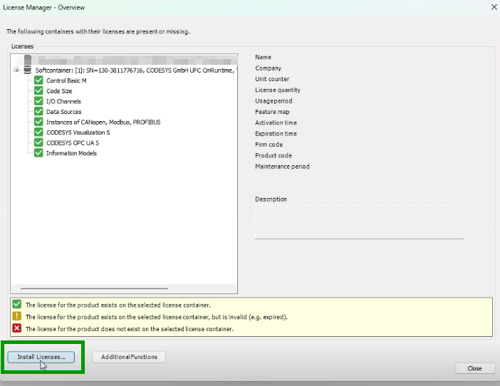 CODESYS License Manager - Install license