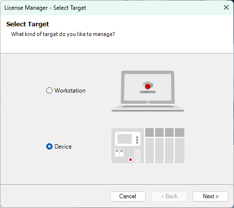 CODESYS License Manager - Select Target